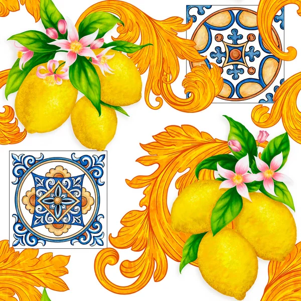 Lemons, white and pink flowers, golden monograms, tile with ornament. Pattern in Spanish style, Azulejo tile.