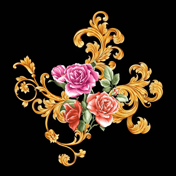 Ricciolo Floreale Barocco Dorato Fiori Ornamento Rococò Rotolo Oro Naturale — Foto Stock