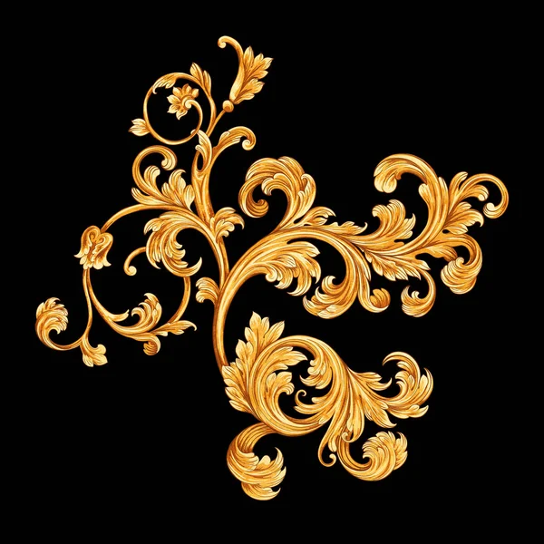 Barroco Dourado Ornamento Rococó Rolagem Ouro Natural Folhas Fundo Preto — Fotografia de Stock