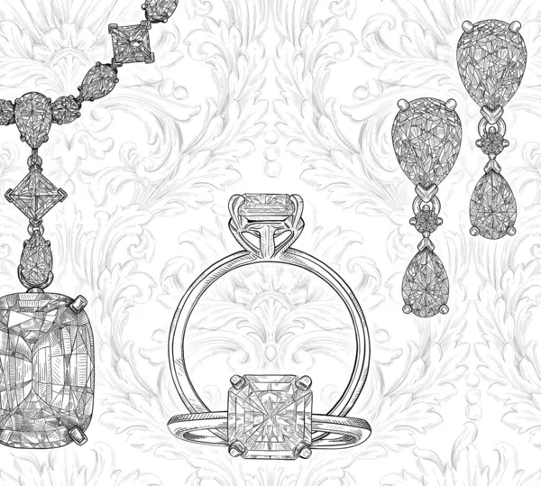 ダマスクパターンと白の背景にダイヤモンドリング ネックレスやイヤリング 手描きのジュエリーと白の背景 創造性と広告 結婚式の車のためのテクスチャの背景 — ストック写真
