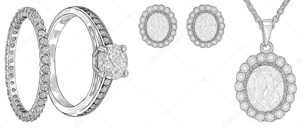 Pencil drawing of a necklace, earrings and ring with diamonds on a white background. Isolated sketch. Jewelry for the bride, wedding jewelry set. Texture background for creativity and advertising