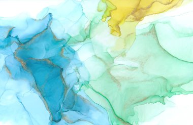 Alkol mürekkebi tekniğindeki lüks, soyut sıvı resim, mavi, yeşil ve sarı boya karışımı. Şefkatli ve rüya gibi bir tasarım. Renklerin karışımı şeffaf dalgalar ve altın girdaplar oluşturuyor..