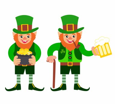 St.Patrick 's Day. gnome with a pipe and a glass of beer clipart