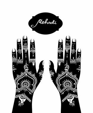 Siyah ve beyaz eleman yoga mudra elleri mehendi desenleri ile. Bir yoga stüdyosu, dövme, spa, kartpostal, hediyelik eşya için Vektör illüstrasyon.