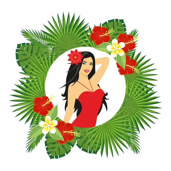 Hermosa chica con una flor en el pelo. ramas y hojas de plantas tropicales. Marco floral redondo — Vector de stock