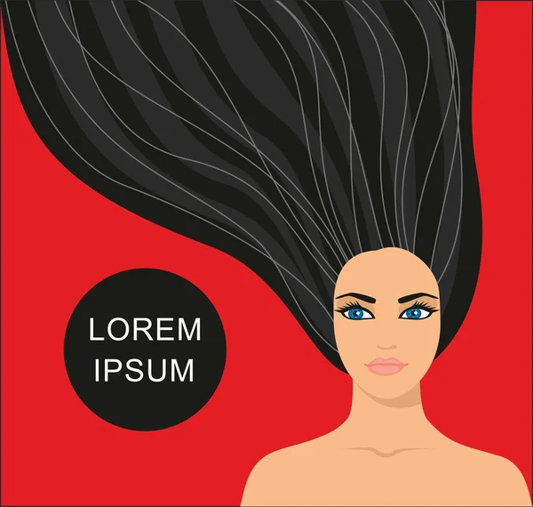 Vectorillustratie van een mooi meisje met lang zwart haar. Abstracte logo voor een portret van de salon van de schoonheid van een meisje. — Stockvector