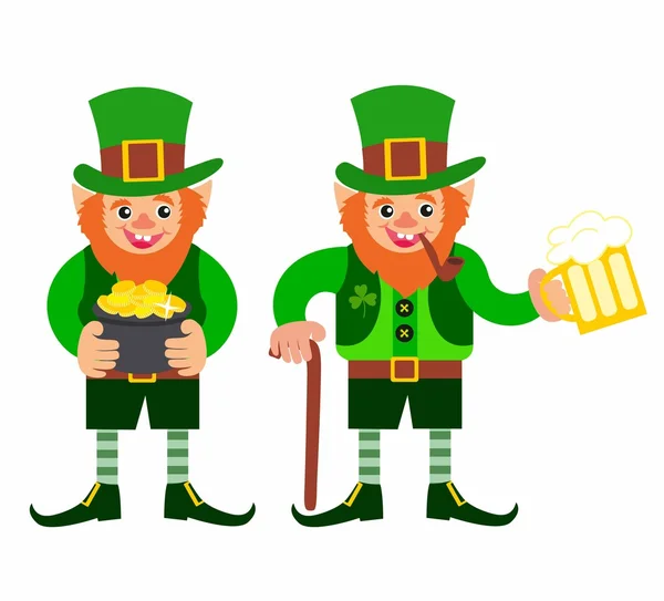 Saint-Patrick. gnome avec une pipe et un verre de bière — Image vectorielle