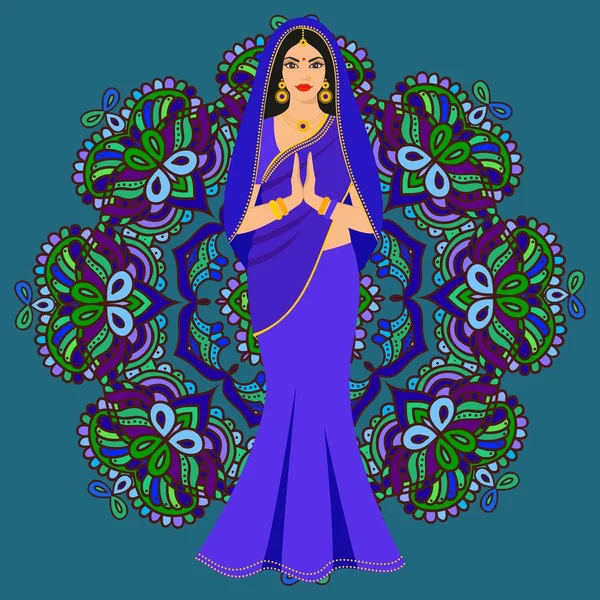 Hermosa mujer joven morena india en sari colorido . — Vector de stock