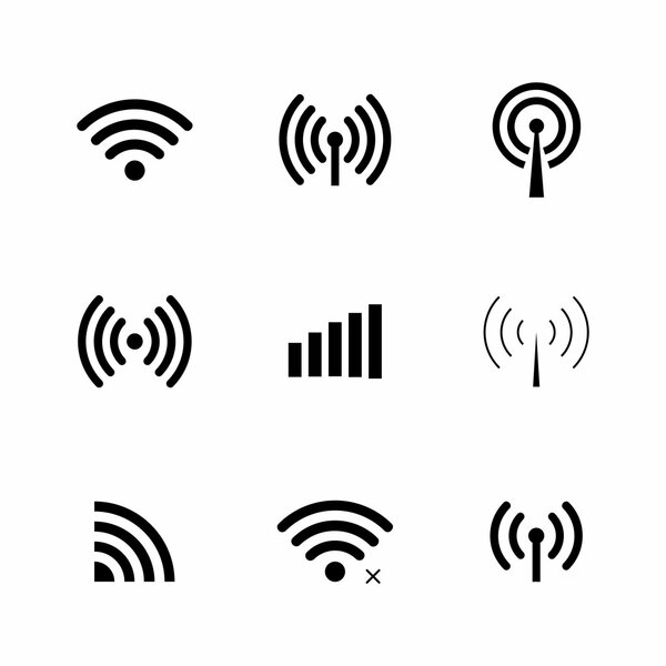 Set of vector Wi-Fi and Wireless icons for remote access and communication via radio waves.