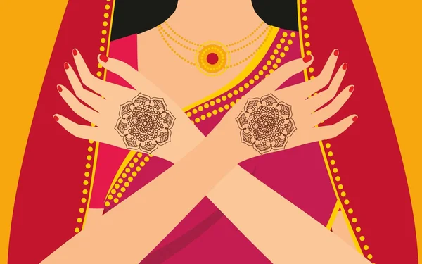 Elément mains mudra yoga avec motifs mehendi. Illustration vectorielle pour un studio de yoga, tatouage, spas, cartes postales, souvenirs. Style de vie traditionnel indien . — Image vectorielle