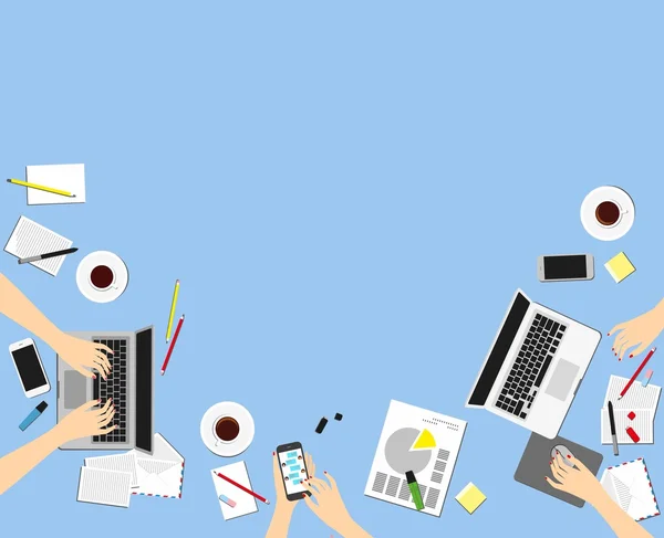 İşyerinde kavramlar için işletme, pazarlama yönetimi, Accounting.Women. Eller, Resepsiyon, laptop perde Üstten Görünüm.