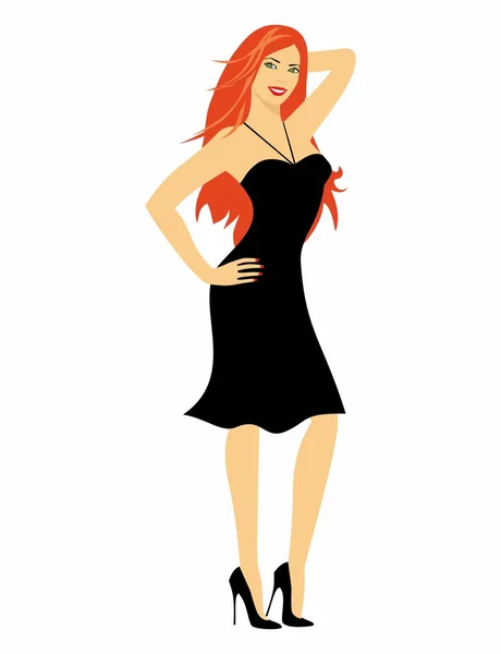 Hermosa chica con el pelo largo y rojo en un vestido y zapatos sobre un fondo blanco — Vector de stock