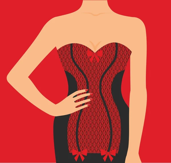 Figura di donna in corsetto rosso e nero — Vettoriale Stock