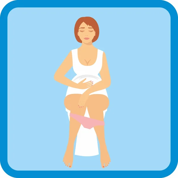 Жінка сидить у туалеті. Проблема сечового міхура або концепція вагітності або хвороби . — стоковий вектор