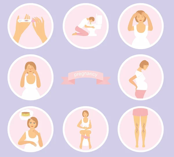 Vector illustration signs of pregnancy symptoms - toxemia of pregnancy, swelling, emotional instability, stomach problems — Stock Illustration Vector illustration signs of pregnancy symptoms - toxemia of pregnancy, swelling, emotional instability, stomach problems Vector Graphics
