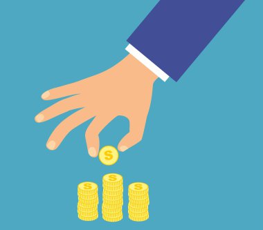 Business man hand hold gold coin and stacks with coins on blue backgound vector illustration in flat design.