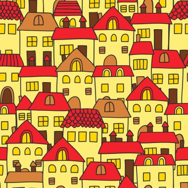 Evleri olan sevimli çizgi film desenleri. Kusursuz vektör arkaplanı.