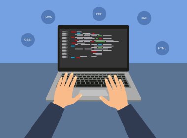 Programlama ve kodlama. Çalışırken dizüstü bilgisayar için programcı