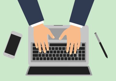 Erkek iş yeri. El masa laptop ekran vektör çizim iş insanlar üst görüntü açısı ofis yukarıda