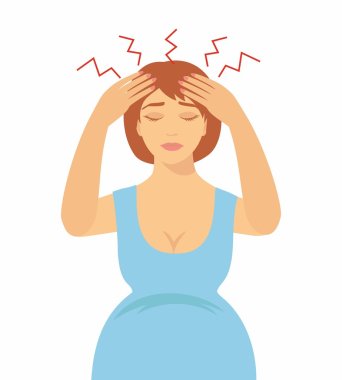 illustration of a pregnant woman with a headache. symptoms of pregnancy clipart