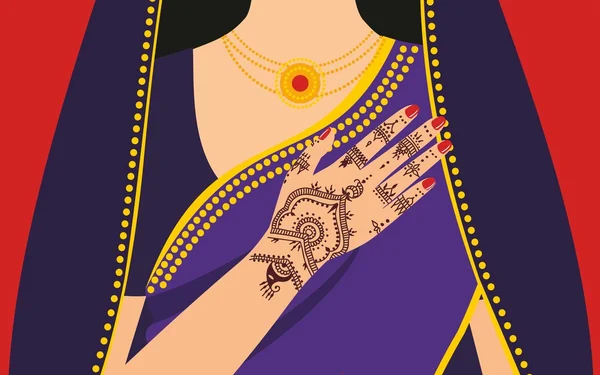 Element yoga mudra handen met mehendi patronen. Vectorillustratie voor een yogastudio, tattoo, kuuroorden, ansichtkaarten, souvenirs. Indiase traditionele levensstijl. — Stockvector