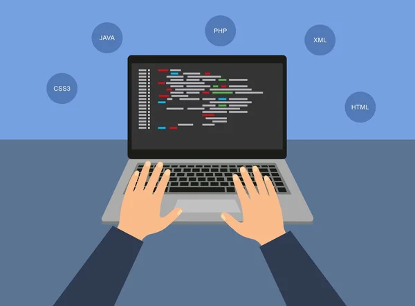 Programlama ve kodlama. Çalışırken dizüstü bilgisayar için programcı — Stok Vektör