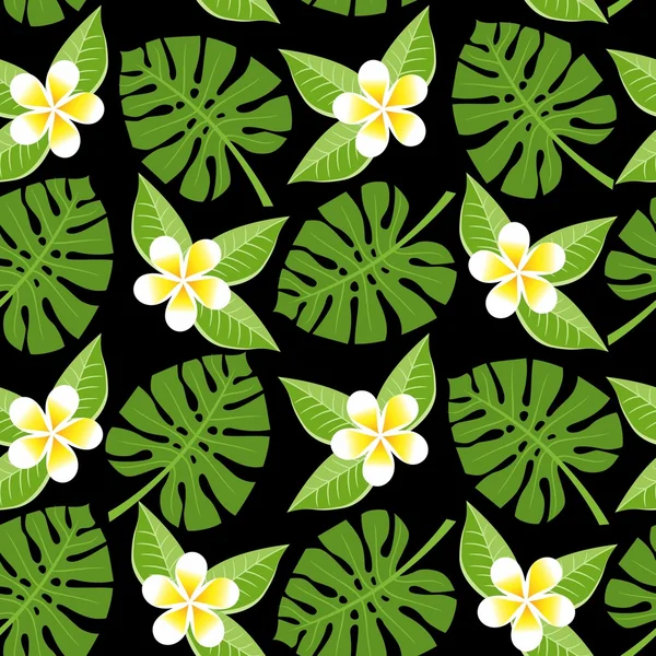 Feuilles et fleurs tropicales sans couture - monstère et plumeria — Image vectorielle