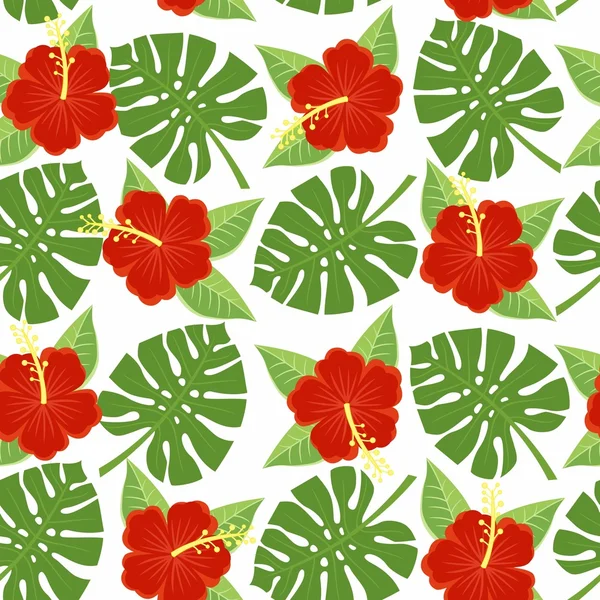 Feuilles et fleurs tropicales sans couture - monstère et hibiscus — Image vectorielle