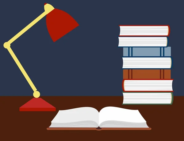 Ilustração vetorial de um livro aberto e uma lâmpada de leitura na mesa . — Vetor de Stock