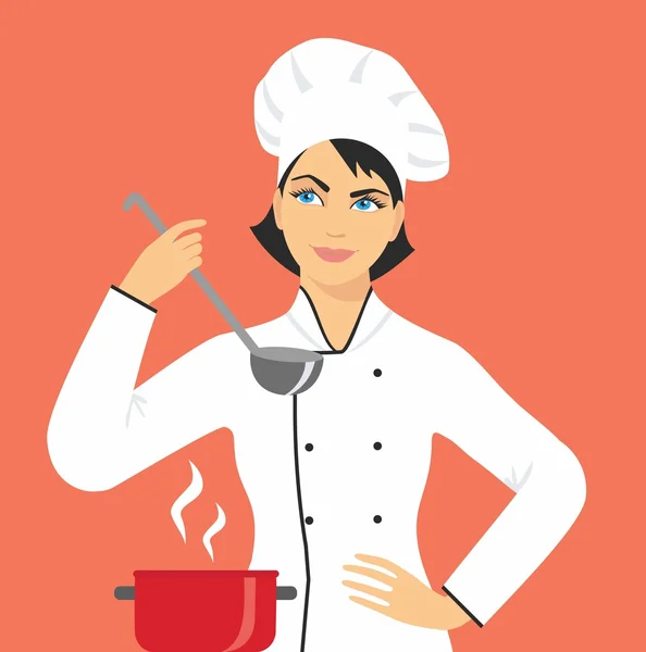 Chef mulher em boné e uniforme com uma concha na mão. ilustração vetorial, isolado no fundo — Vetor de Stock
