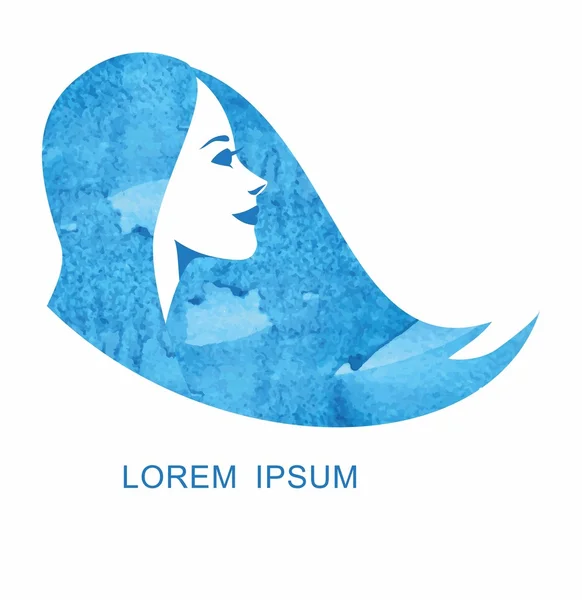Uzun Saçlı Mavi Suluboya Kadın. Vektör İllüstrasyon. Güzellik Salonu Flyer veya Banner için Şık Tasarım. Kız Silueti. Kozmetik. Güzellik. Sağlık ve spa. Moda temaları.