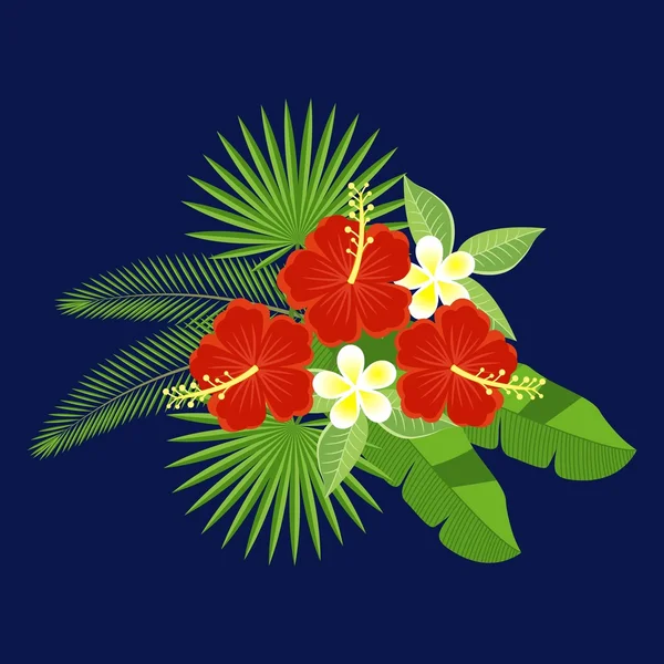 Ein Strauß tropischer Blumen und Blätter isoliert auf blauem Hintergrund. Blüten von Hibiskus und Plumeria, Palmblatt, Monstera. Blumenmuster. Plumeria und Hibiskus. — Stockvektor