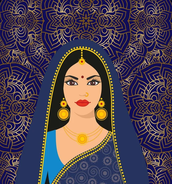 Hermosa mujer joven morena india en sari colorido sobre el fondo del ornamento — Vector de stock