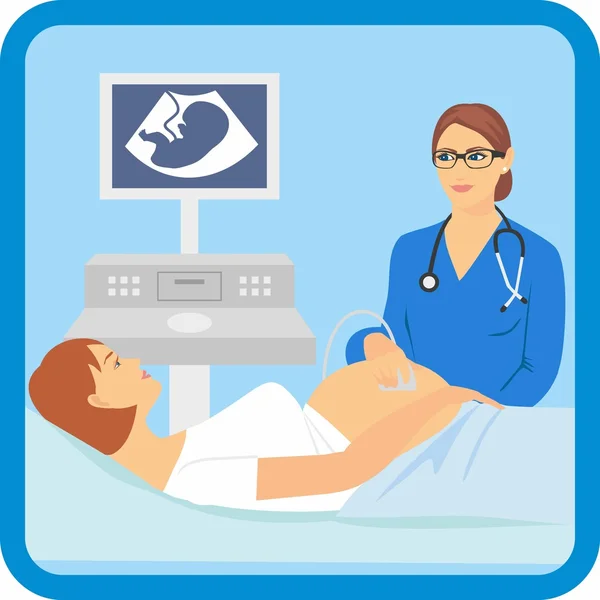 Pregnant woman lying on the couch. pregnant woman doing ultrasound. Vector illustration of a pregnant doing ultrasonography. — Stock Vector