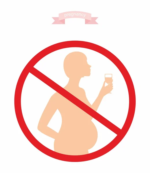 Ilustración vectorial - un signo que prohíbe a las mujeres embarazadas beber alcohol. Silueta de una mujer embarazada con un vaso de alcohol — Archivo Imágenes Vectoriales