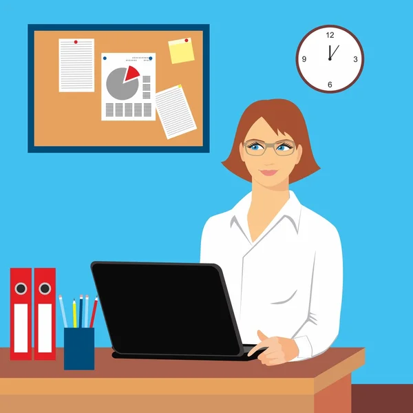 Illustration vectorielle d'une femme sur le lieu de travail. Femme avec ordinateur portable à la table. Bureau d'affaires avec agente — Image vectorielle