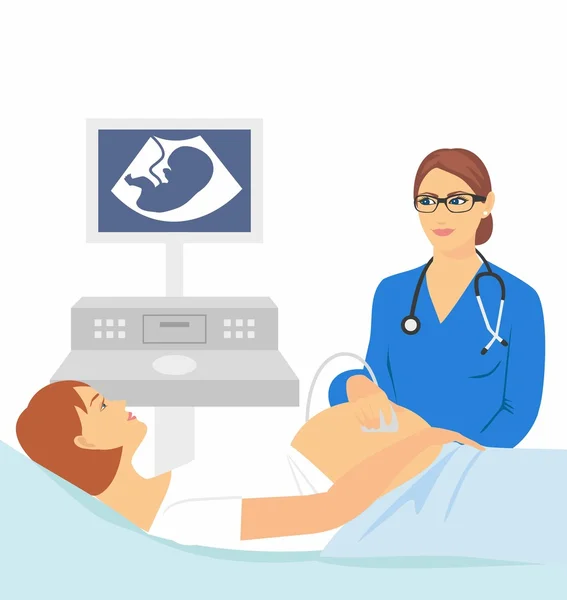 Kanepede yatan hamile bir kadın. Hamile kadın ultrason yapıyor. Ultrasonografi yapan bir gebenin vektör illüstrasyonu. Doktor uzi yapar