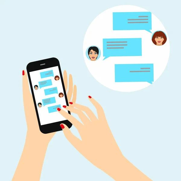 Skicka meddelanden till vänner via snabbmeddelanden. Kvinnlig hand som håller en smart telefon med en chatt på displayen — Stock vektor