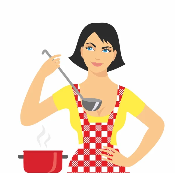 Ilustração de mulher em um avental cozinheiro com uma concha em sua mão — Vetor de Stock