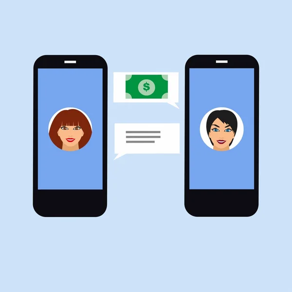 Transferencia de dinero a amigos a través de chat messenger Ilustración de dos teléfonos inteligentes . — Vector de stock