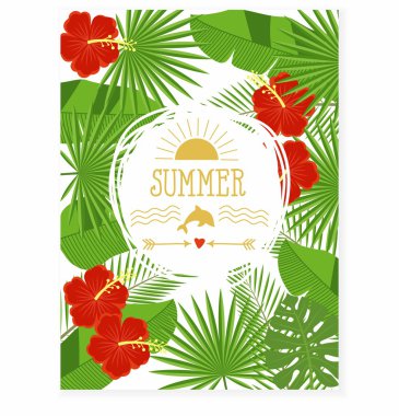 branches and leaves of tropical plants. Floral background with space for text. Tropical flowers and leaves - hibiscus, palm tree, Monstera, plumeria.