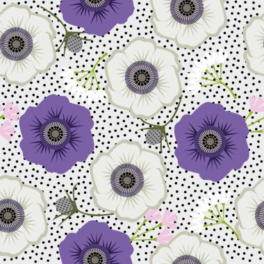 dikişsiz çiçekler. Çiçeklerile nazik dikişsiz polka nokta desen. Sevimli basit çiçek süsü. Kumaş, hurda kağıt ve diğer için vektör çizimi