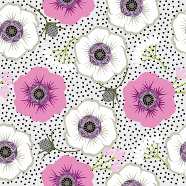 dikişsiz çiçekler. Çiçeklerile nazik dikişsiz polka nokta desen. Sevimli basit çiçek süsü. Kumaş, hurda kağıt ve diğer için vektör çizimi