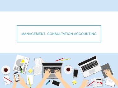 İşyerinde kavramlar için işletme, pazarlama yönetimi, Accounting.Women. Eller, Resepsiyon, laptop perde Üstten Görünüm.