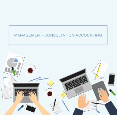 İşyerinde kavramlar için işletme, pazarlama yönetimi, Accounting.Women. Eller, Resepsiyon, laptop perde Üstten Görünüm.