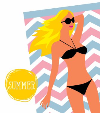 vektör illüstrasyon Kız güneş gözlüğü ve mayo güneşlenme