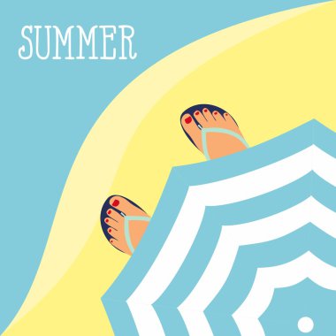 vektör arka plan ayak terlik ve arka plan üzerinde plaj ve plaj şemsiye üstten görünüm. Yaz saati arka plan. Düz tasarım stil vektör çizim içinde Sunny Beach