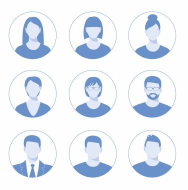 Erkek ve dişiyi içeren Avatar profil simgesi seti.