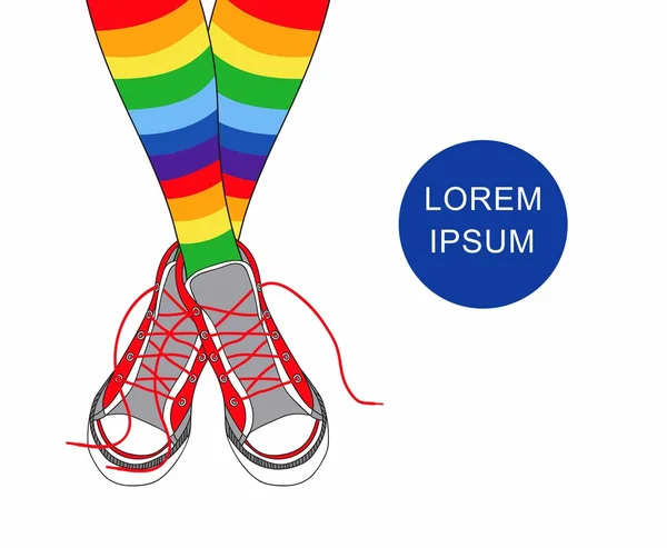 Ilustración vectorial dibujado a mano sus pies en zapatillas de deporte y medias rayas multicolores. zapatos de colores funky zapatos de goma zapatillas de deporte de moda aislados. Calcetines colores arco iris — Archivo Imágenes Vectoriales