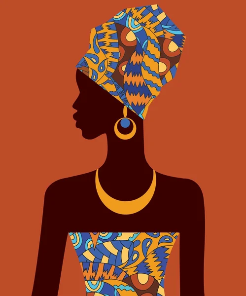 Silhouette of African girls in bright colored turban on her head in profile with earrings. — Stock Vector